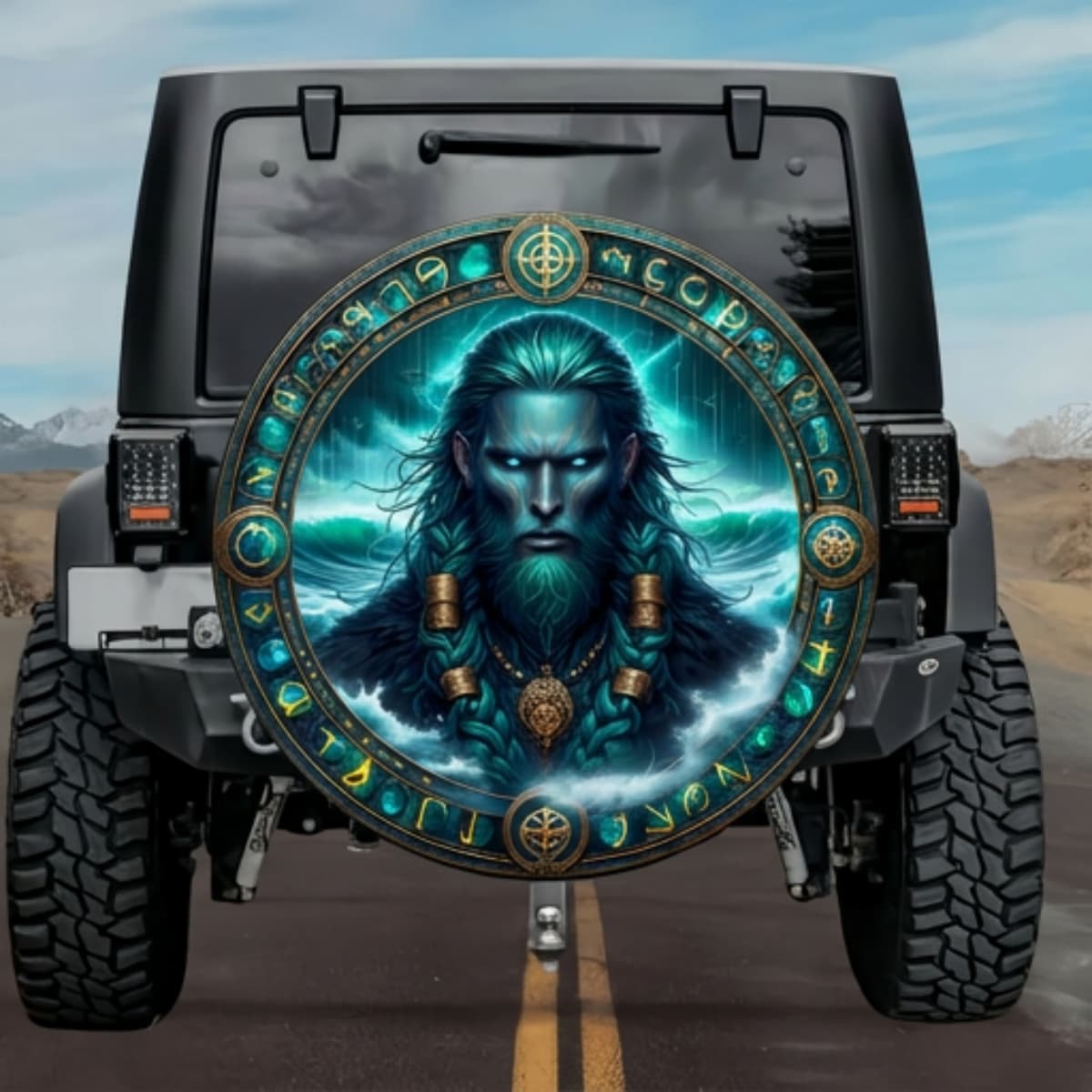 Aegir King of the Deep Sea Rune Shield Spare Tire Cover