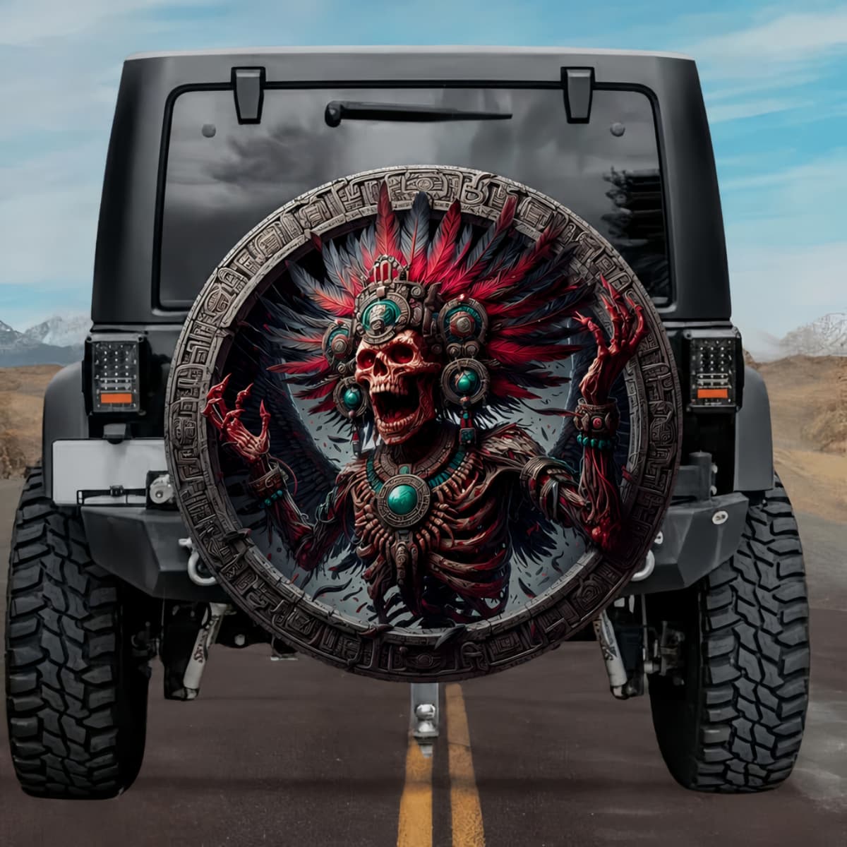 Tactical Ah Puch Mayan God of Death Skull Rune Shield Spare Tire Cover