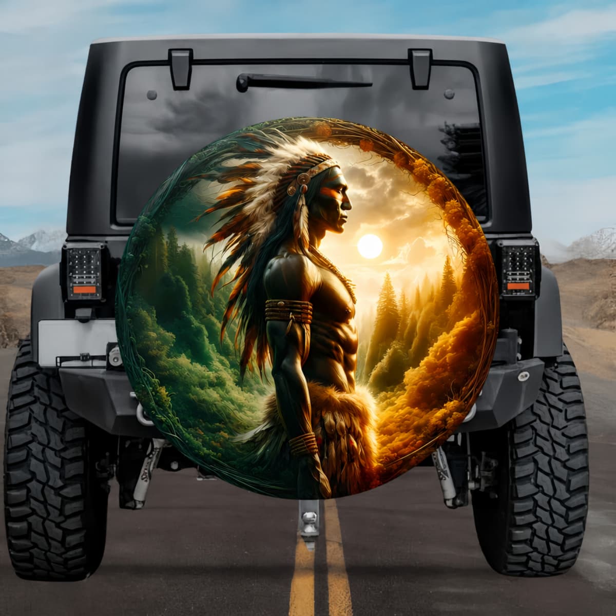 Tactical Ahone Native American Chief Warrior Spare Tire Cover