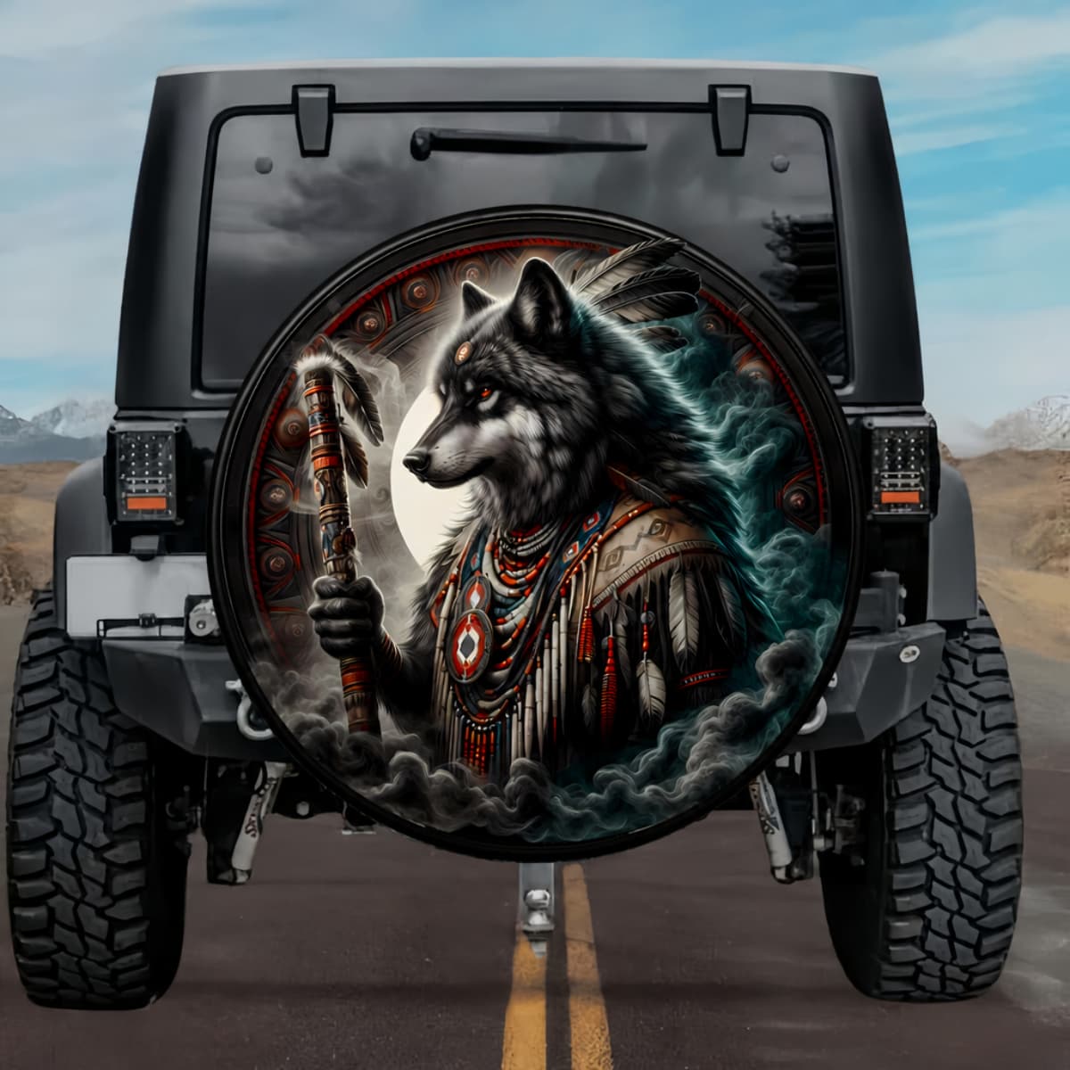 Tactical Moqwaio Menominee Wolf Spirit Full Moon Spare Tire Cover