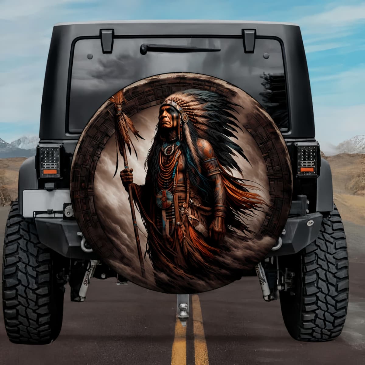 Tactical Temayawet Cahuilla Creator God Spear Spare Tire Cover