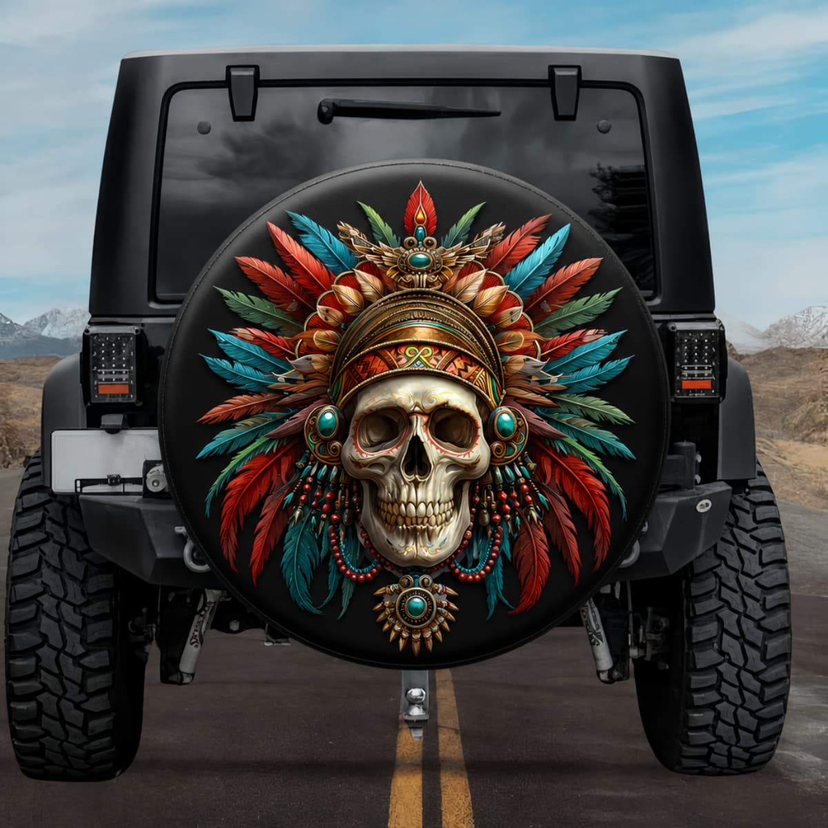 Tactical Native American Chieftain Skull Spare Tire Cover