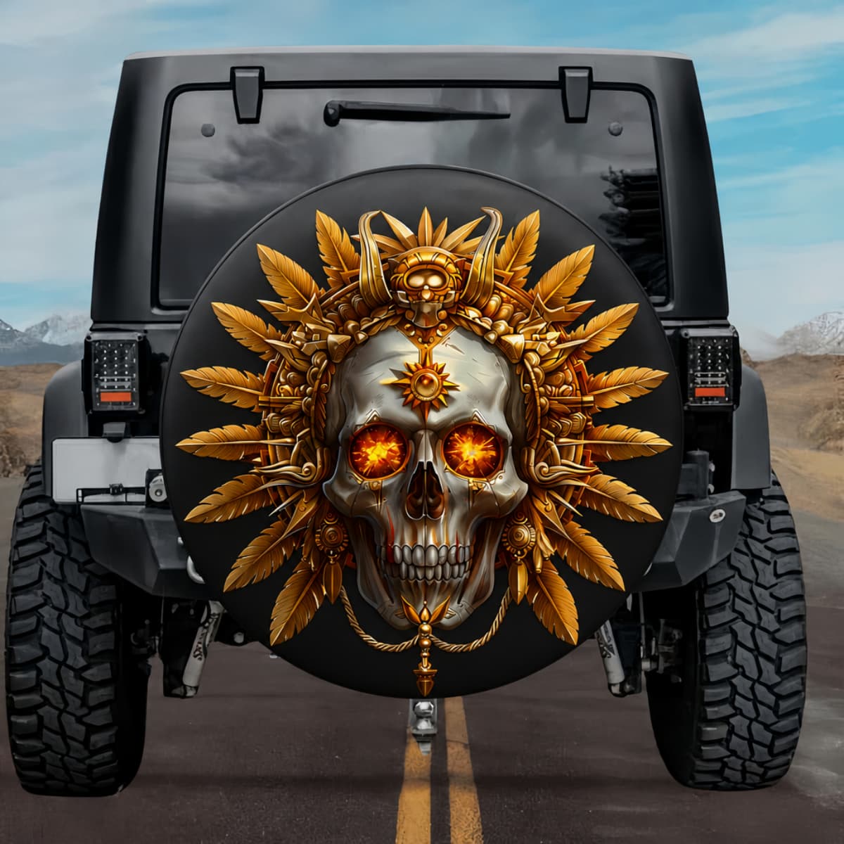 Tactical Aztec Sun God Tonatiuh Skull Spare Tire Cover