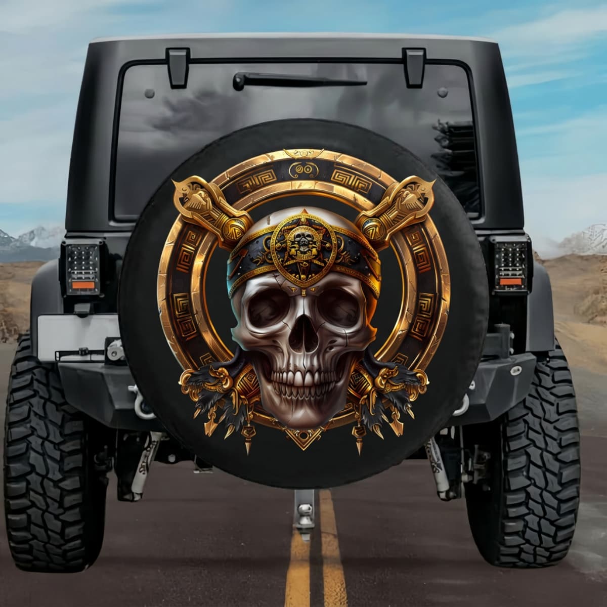 Tactical Aztec Calendar Skull Sun Stone Spare Tire Cover