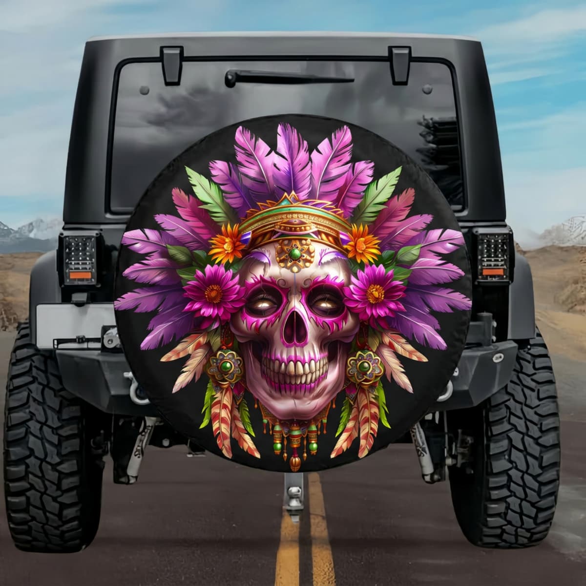 Tactical Aztec Flower Skull Mictecacihuatl Spare Tire Cover