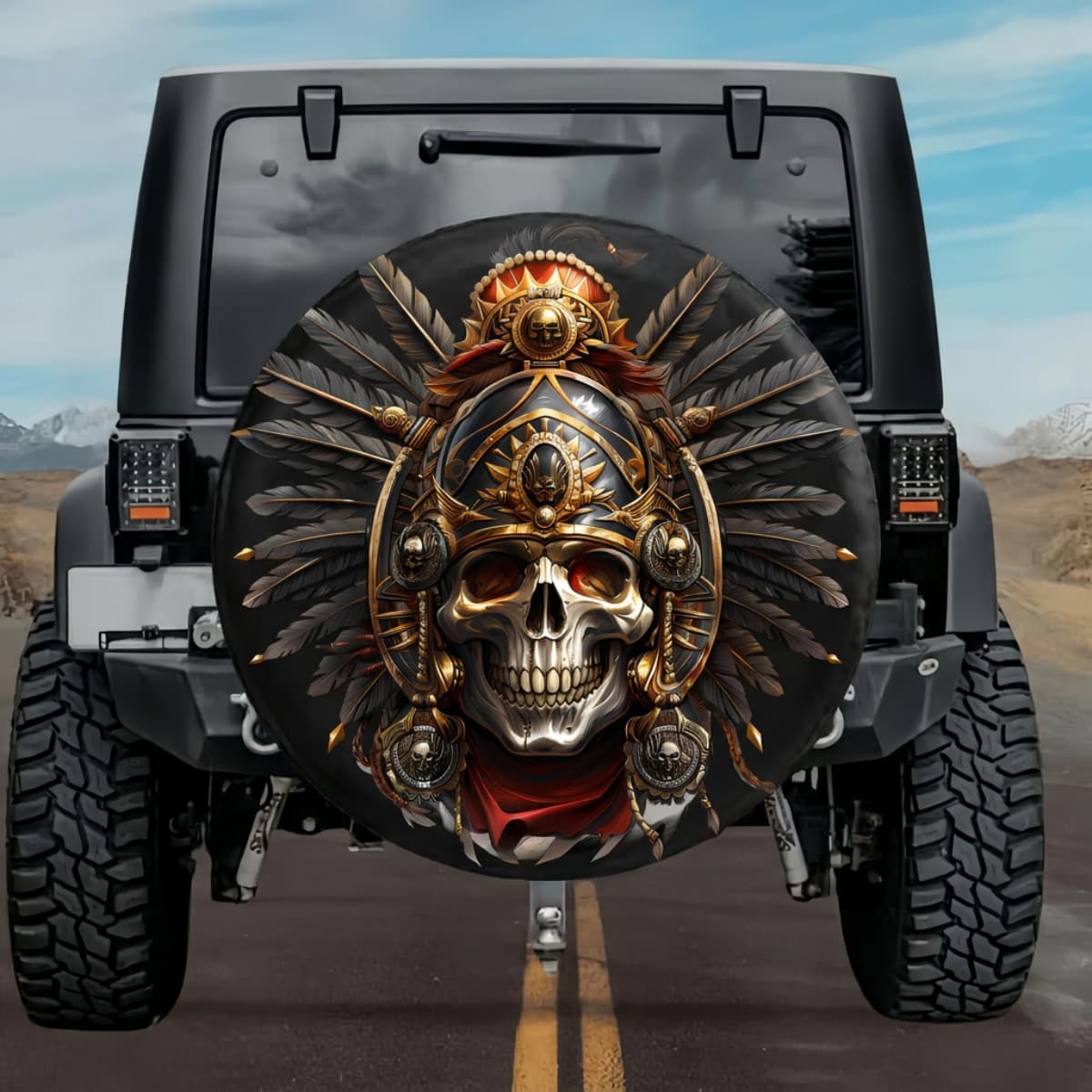 Tactical Aztec Warrior Skull Heavy Helmet Spare Tire Cover