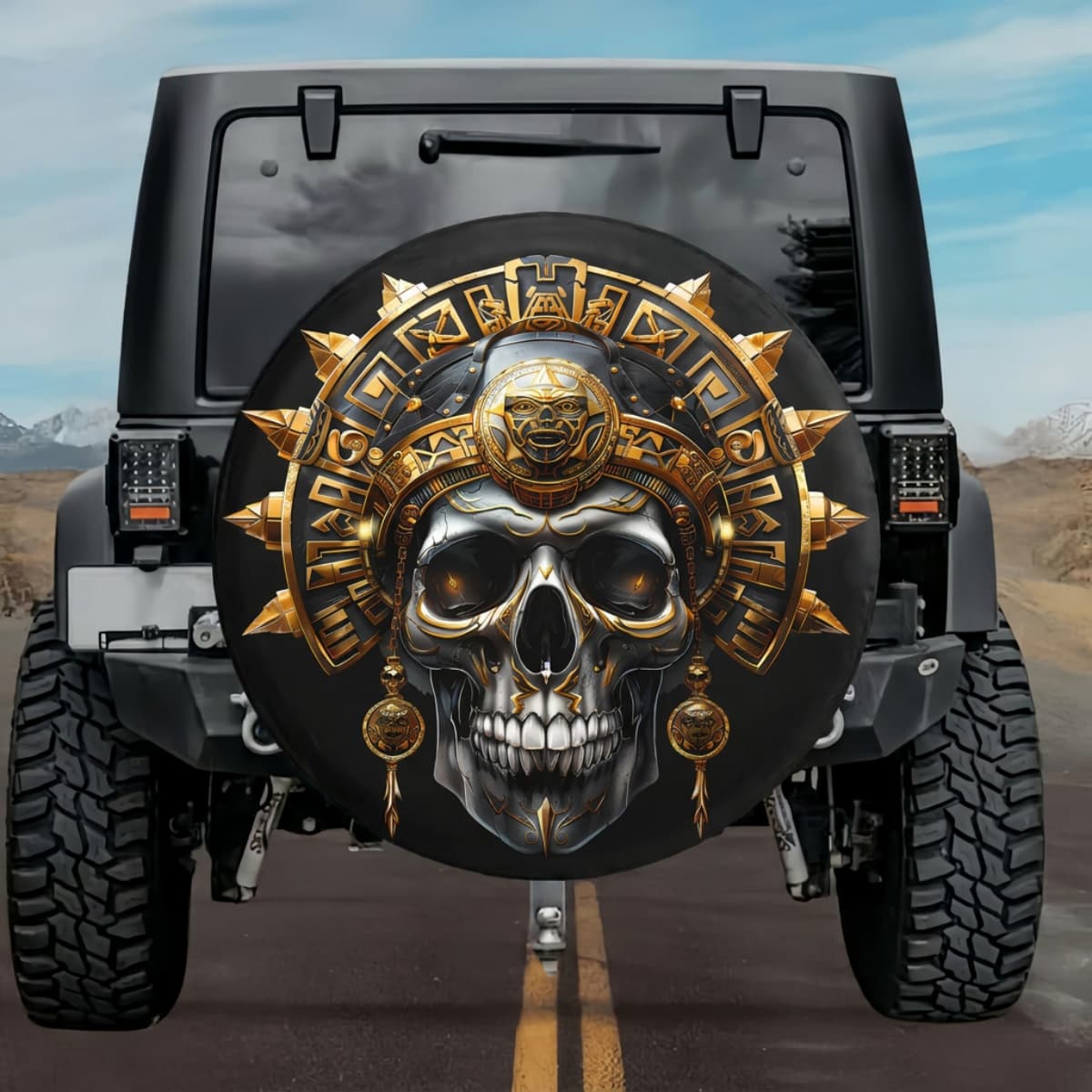 Tactical Aztec Glyph Skull Sun Stone Spare Tire Cover