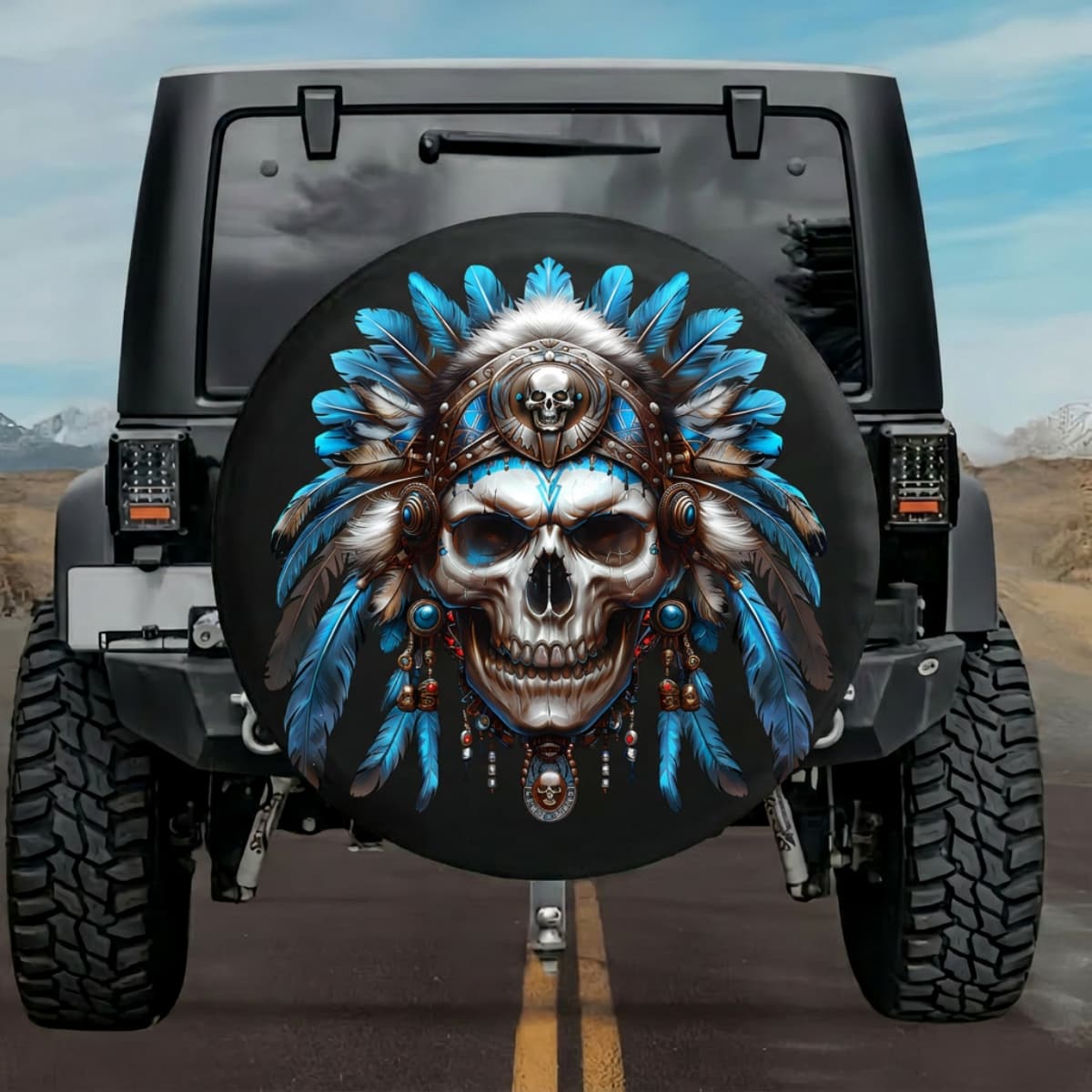 Tactical Aztec Spirit Skull Ethereal Blue Spare Tire Cover