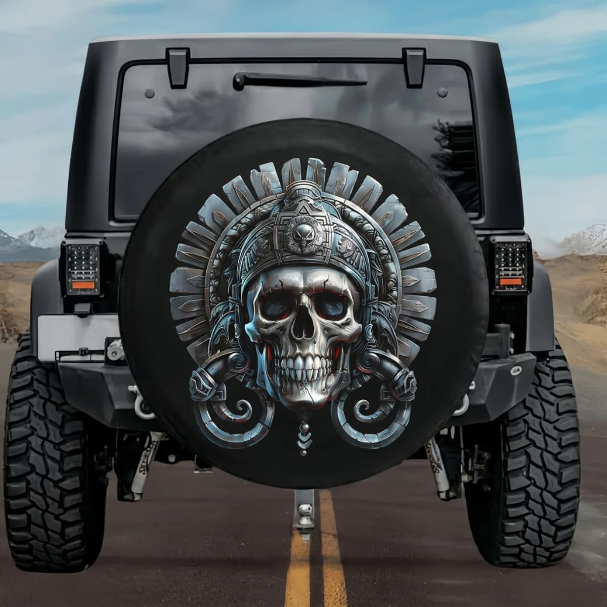 Tactical Aztec Stone Skull Basalt Monolith Spare Tire Cover