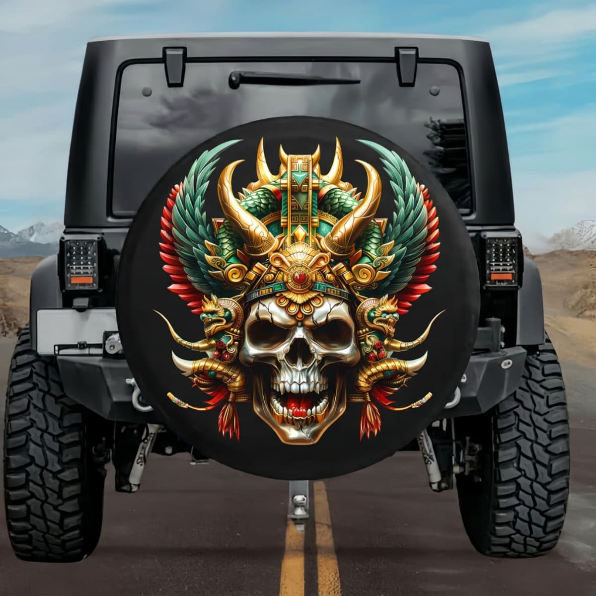 Tactical Aztec Dragon Hybrid Skull Horned Crown Spare Tire Cover