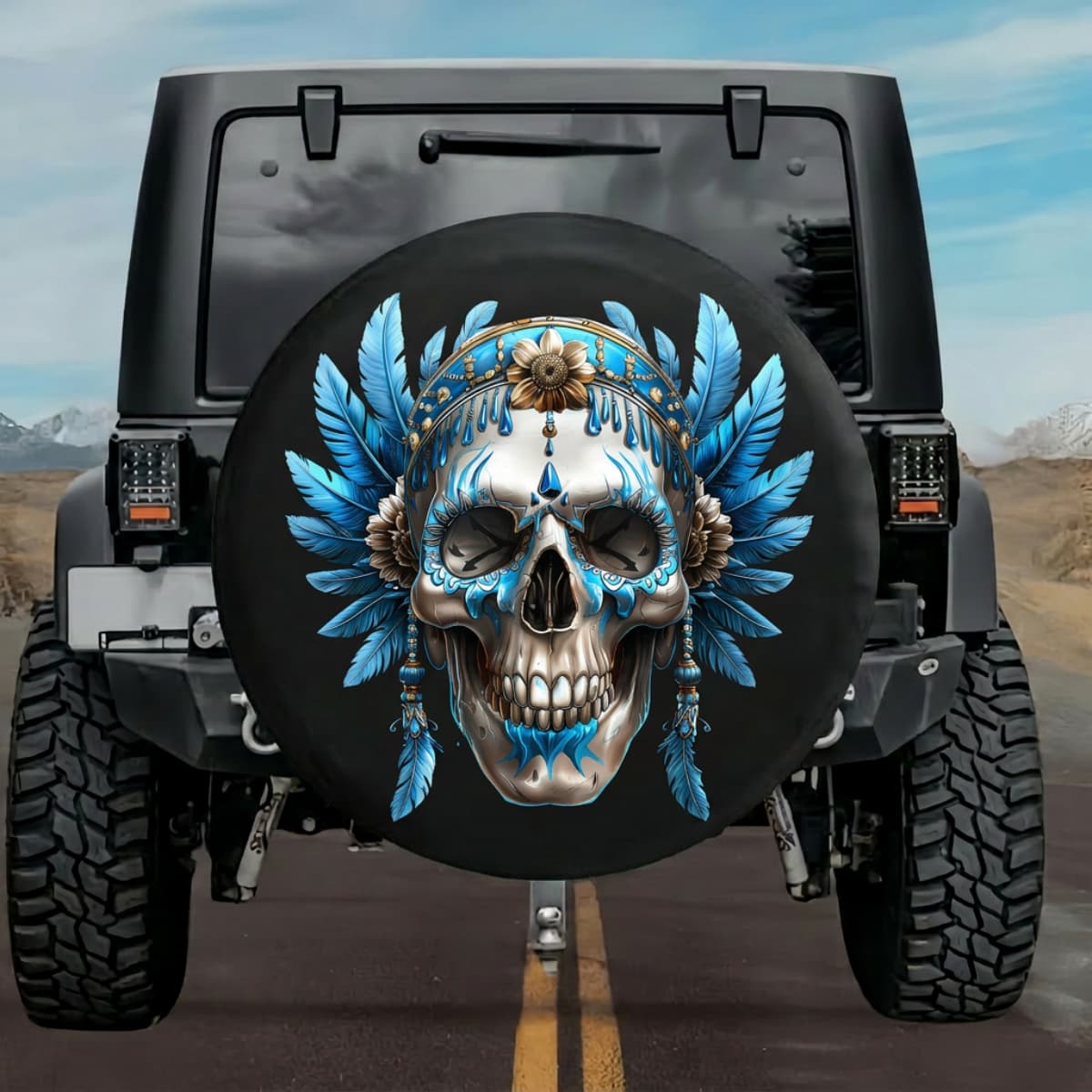 Tactical Aztec Water Skull Tlaloc Rain Storm Spare Tire Cover