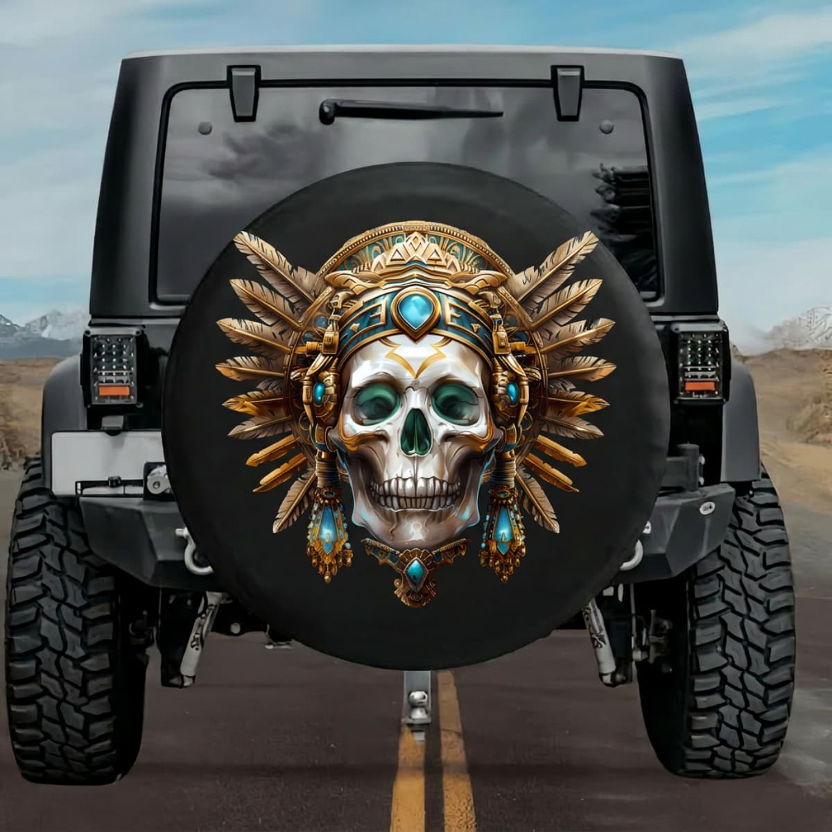 Tactical Aztec Holy Skull Sacred Turquoise Spare Tire Cover