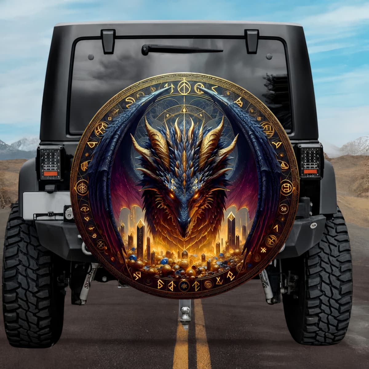 Bright Gold & Deep Navy Fafnir Symmetrical Abstract Tire Cover