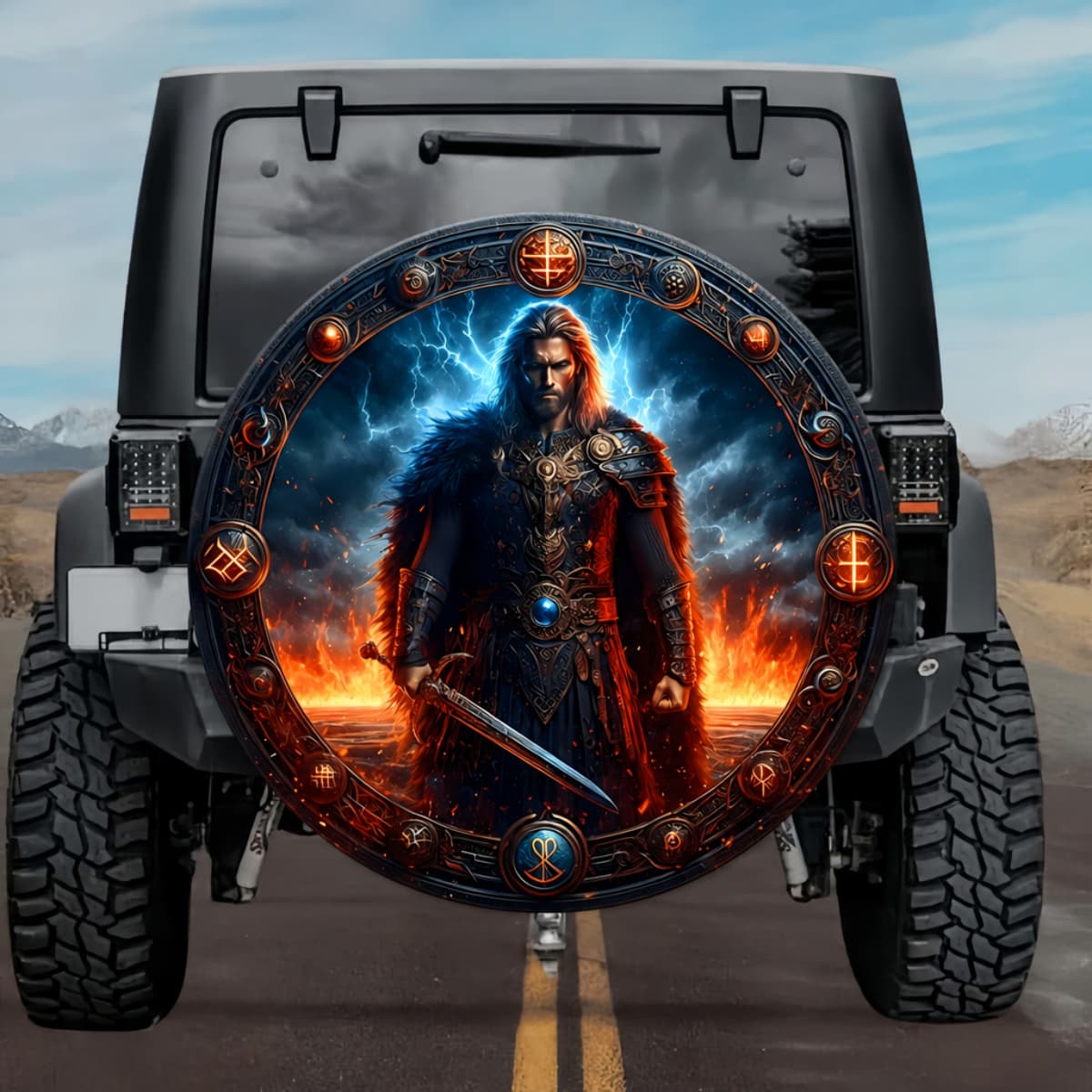 Tactical Norse Beowulf Viking Hero Fire & Ice Spare Tire Cover
