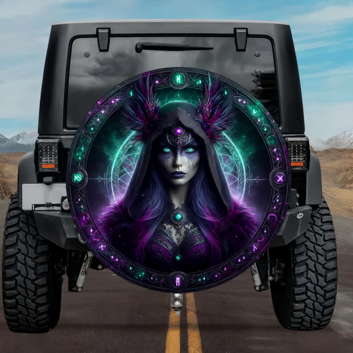 Tactical Norse Groa Seeress Witch Neon Runes Spare Tire Cover