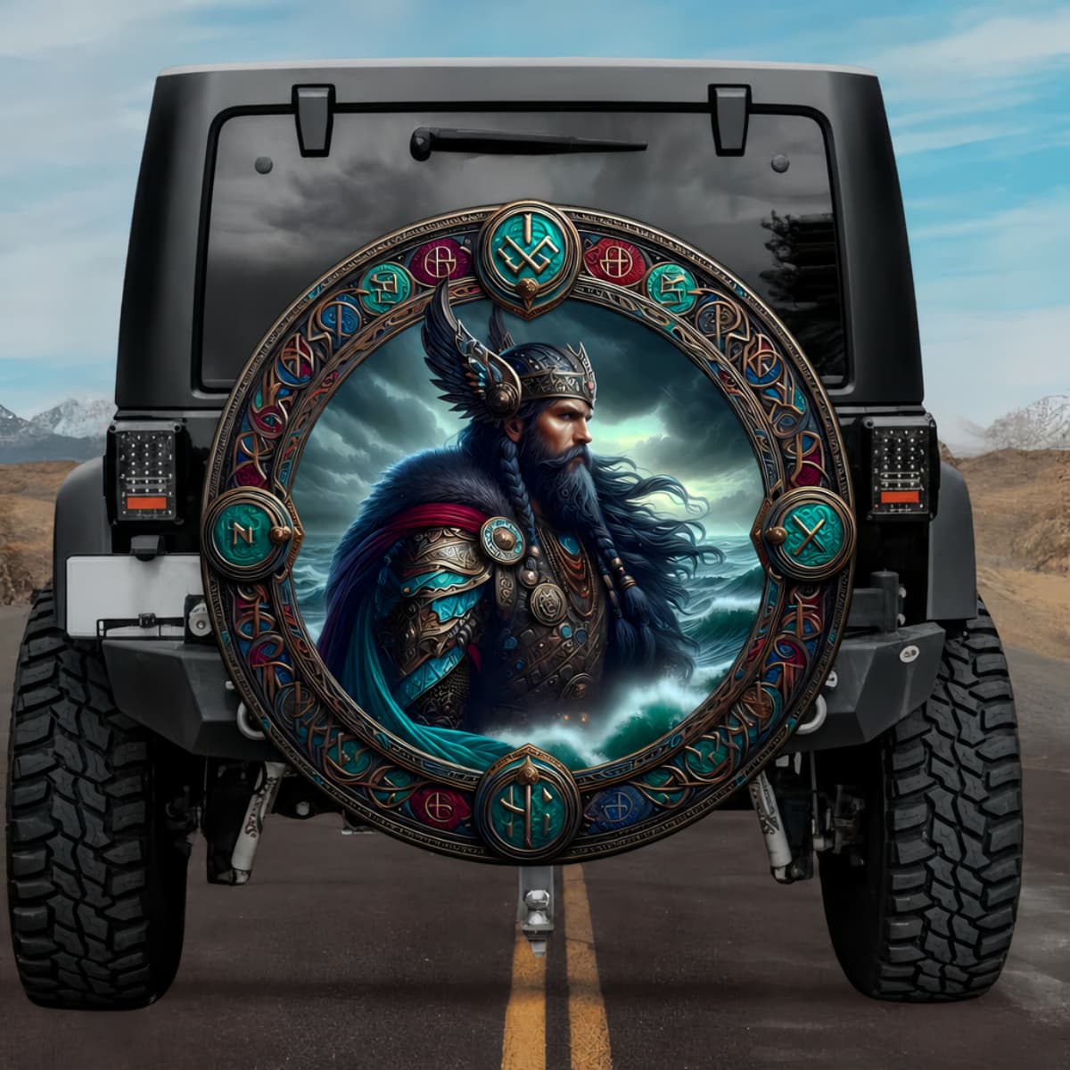 Tactical Norse Mythology Olav Tryggvason Viking King Winged Helmet Spare Tire Cover