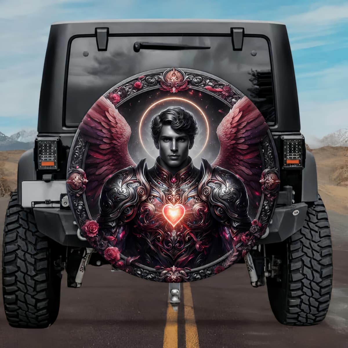 Tactical Celestial Chamuel Archangel Sacred Heart Crimson Wings Spare Tire Cover