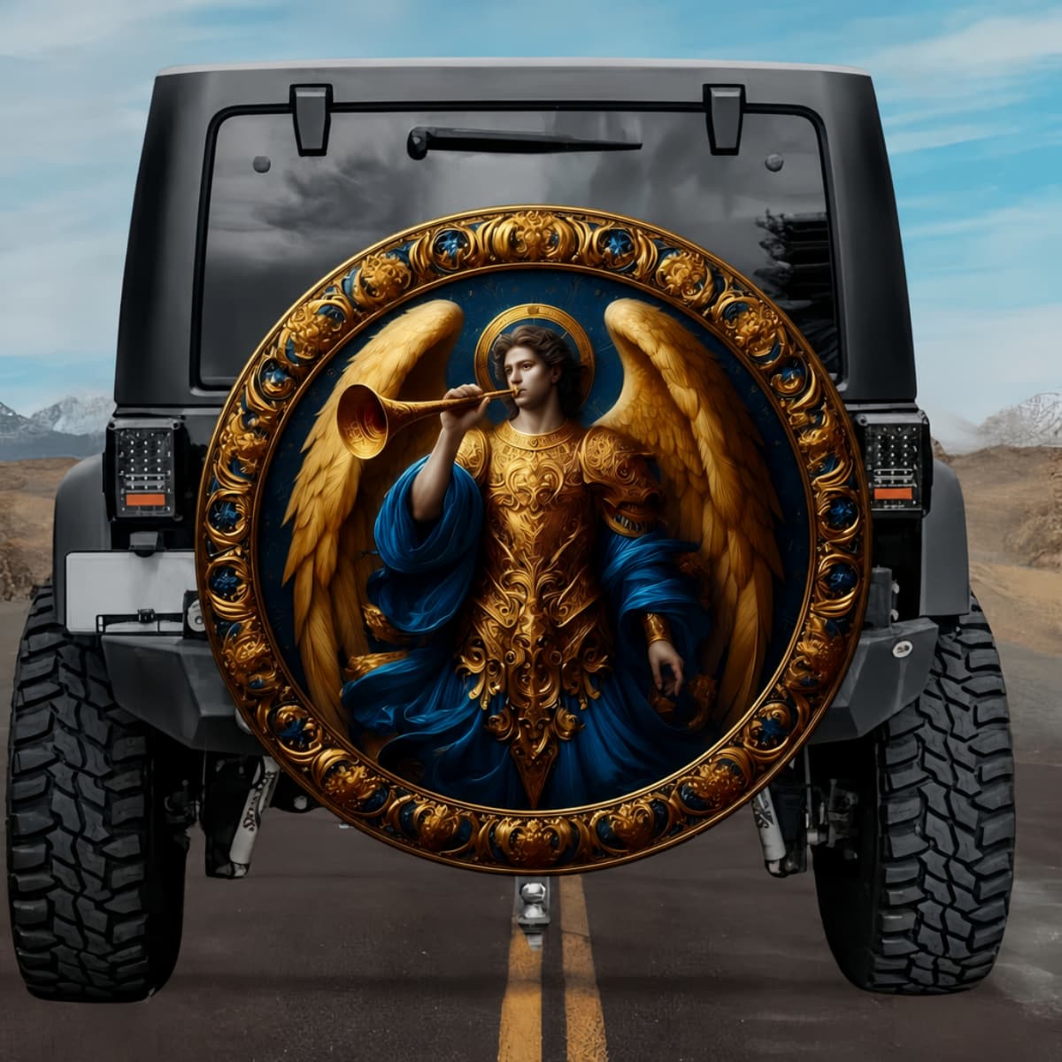 Tactical Celestial Gabriel Archangel Golden Horn Blue Wings Spare Tire Cover