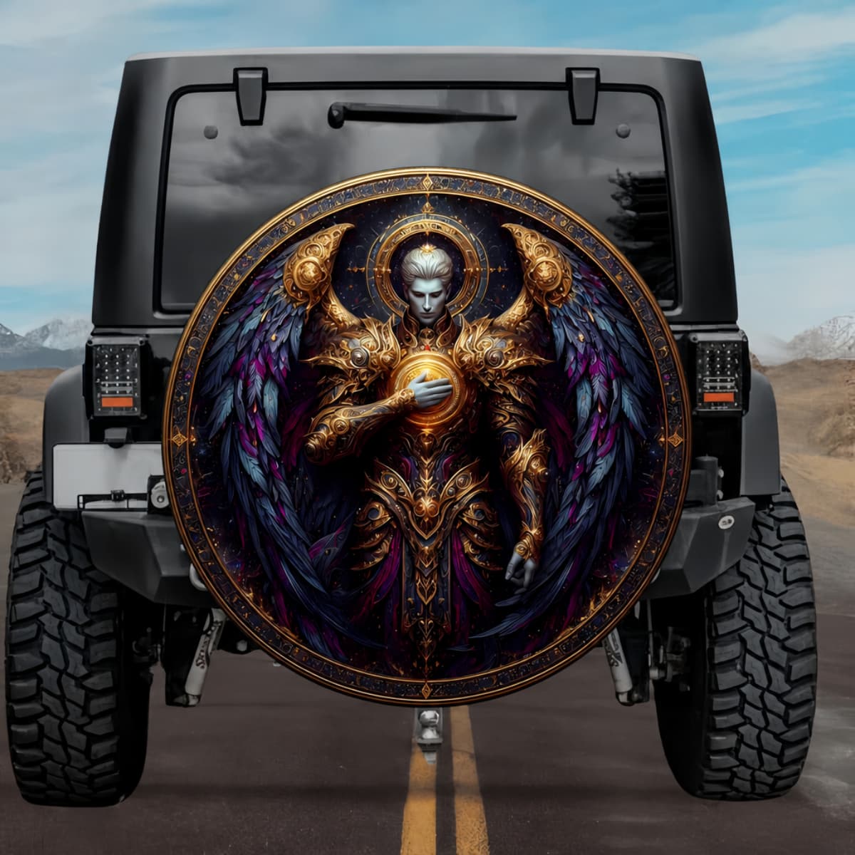 Tactical Celestial Halaliel Archangel Glowing Sun Core Purple Wings Spare Tire Cover