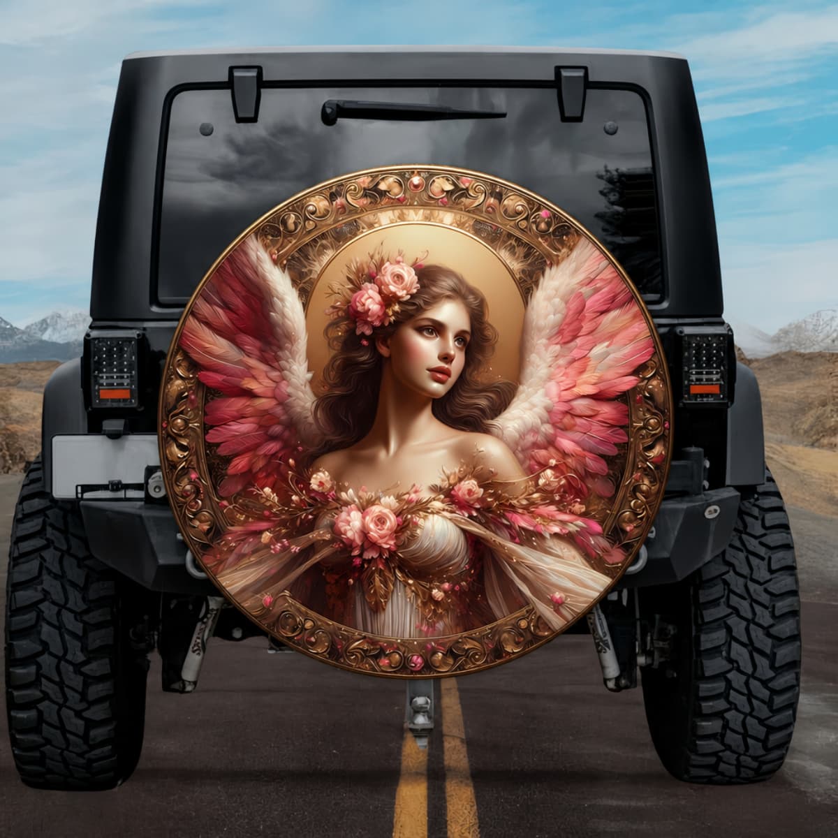 Tactical Celestial Haniel Archangel Pink Wings Rose Spare Tire Cover
