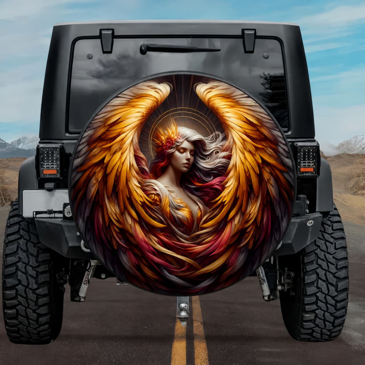 Tactical Celestial Jophiel Archangel Flaming Gold Wings Spare Tire Cover