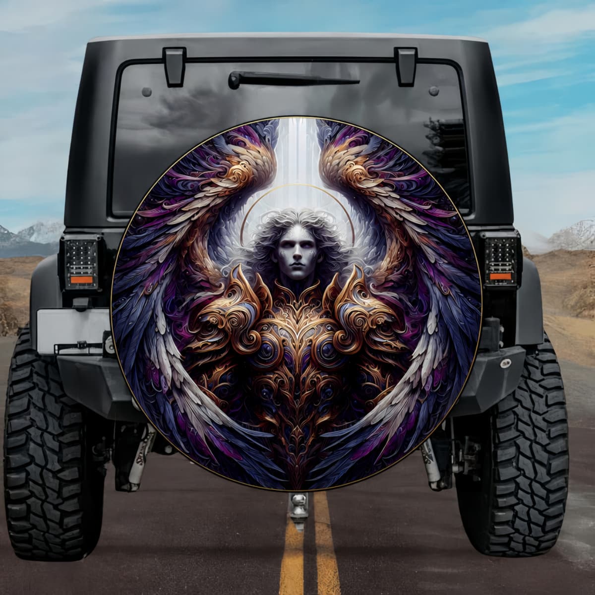 Vibrant Cosmic Violet & Gold Wings Kafziel Symmetrical Tire Cover
