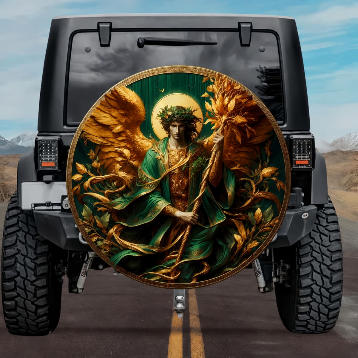 Tactical Celestial Orifiel Archangel Golden Scepter Emerald Wings Spare Tire Cover