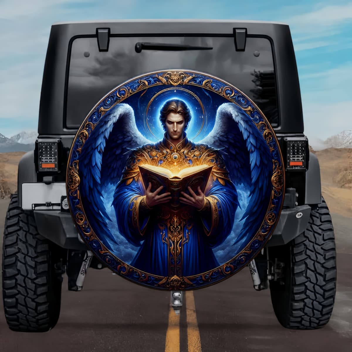 Tactical Celestial Pravuil Archangel Glowing Book Blue Wings Spare Tire Cover