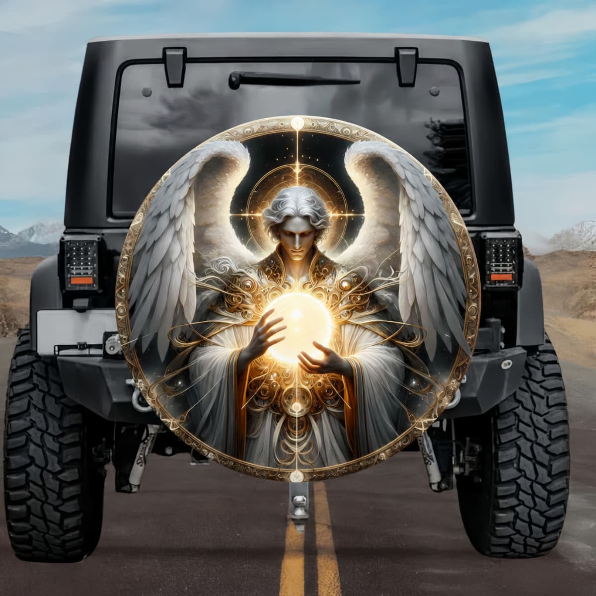 Tactical Celestial Sabrael Archangel Glowing Sun Core White Wings Spare Tire Cover