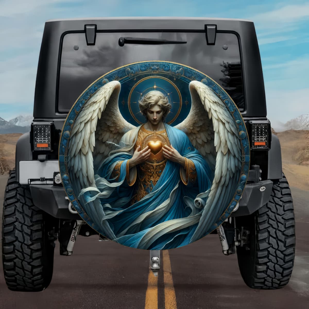 Tactical Celestial Yerachmiel Archangel Glowing Heart Blue Wings Spare Tire Cover