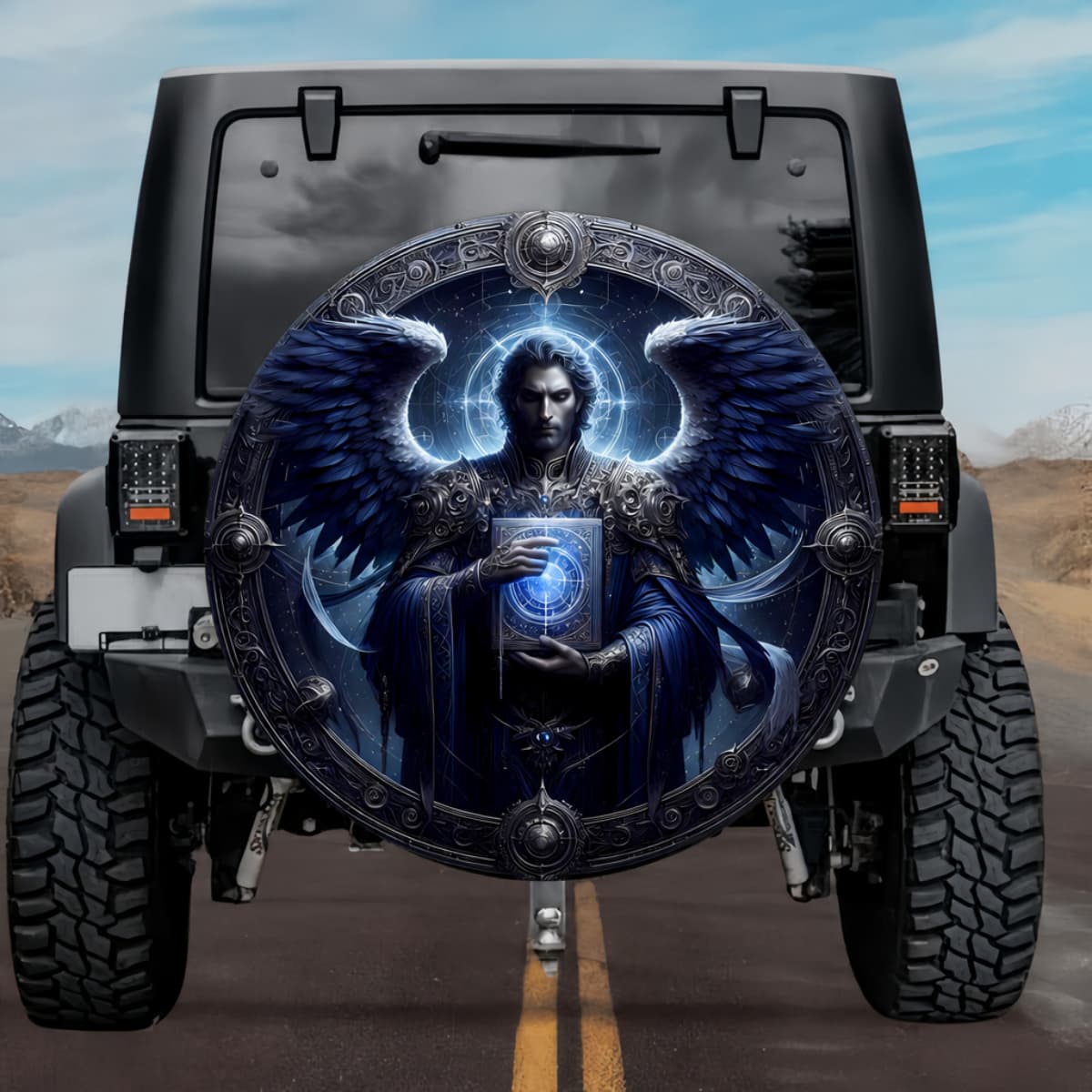 Tactical Celestial Zaphkiel Archangel Glowing Cosmic Tome Blue Wings Spare Tire Cover