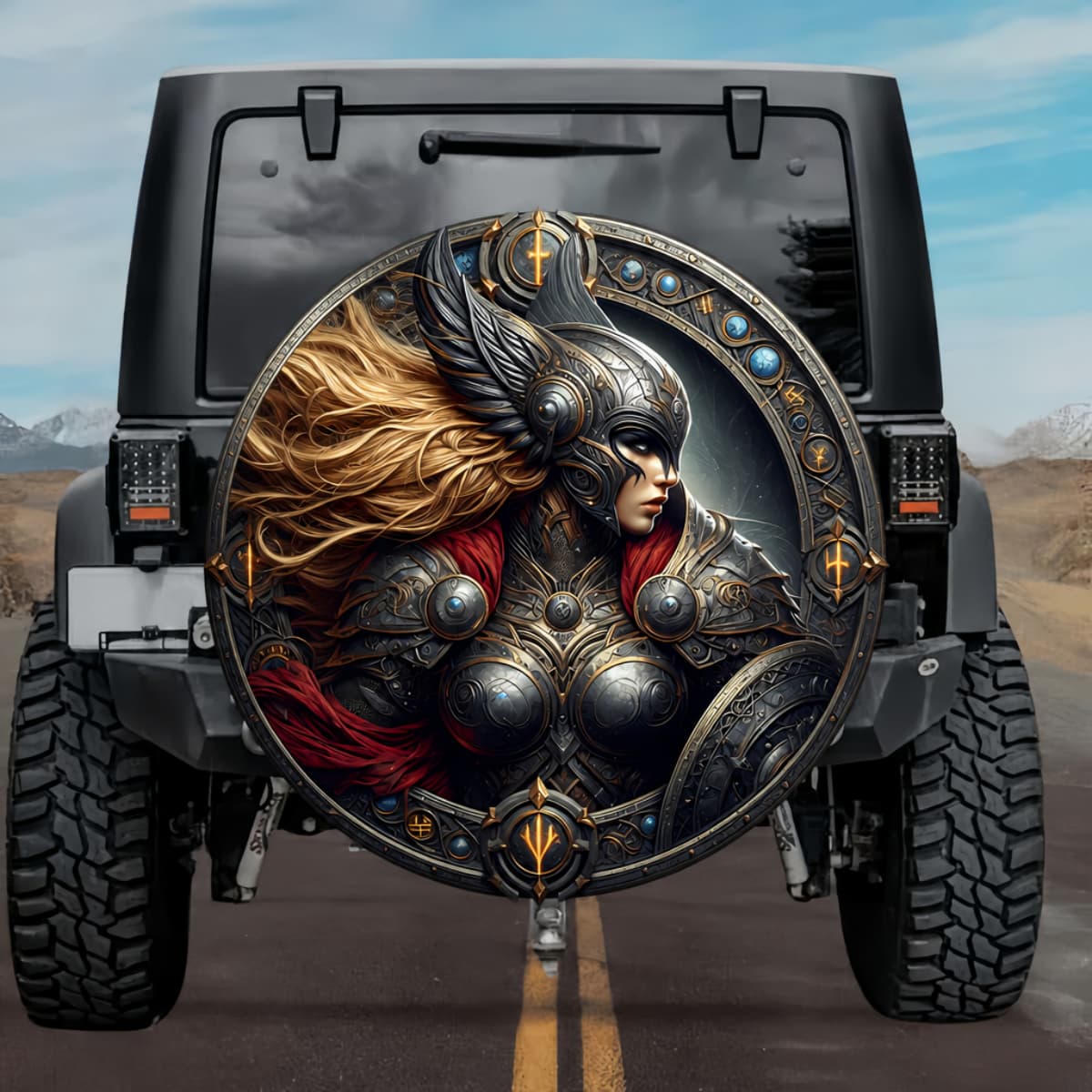 Gothic Valkyrie Brynhild Golden Hair Norse Shield Spare Tire Cover