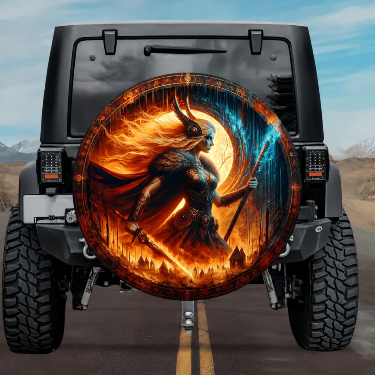 Gothic Valkyrie Geiravor Flame Sword Cyan Spear Spare Tire Cover