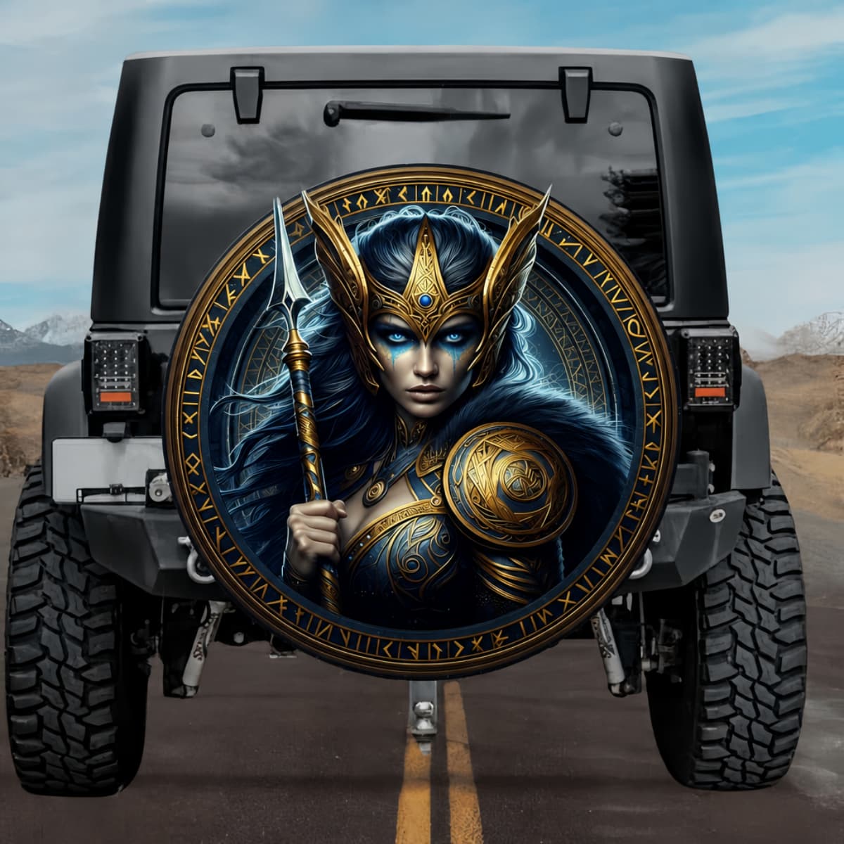 Gothic Valkyrie Geirskogul Golden Spear Norse Runes Spare Tire Cover