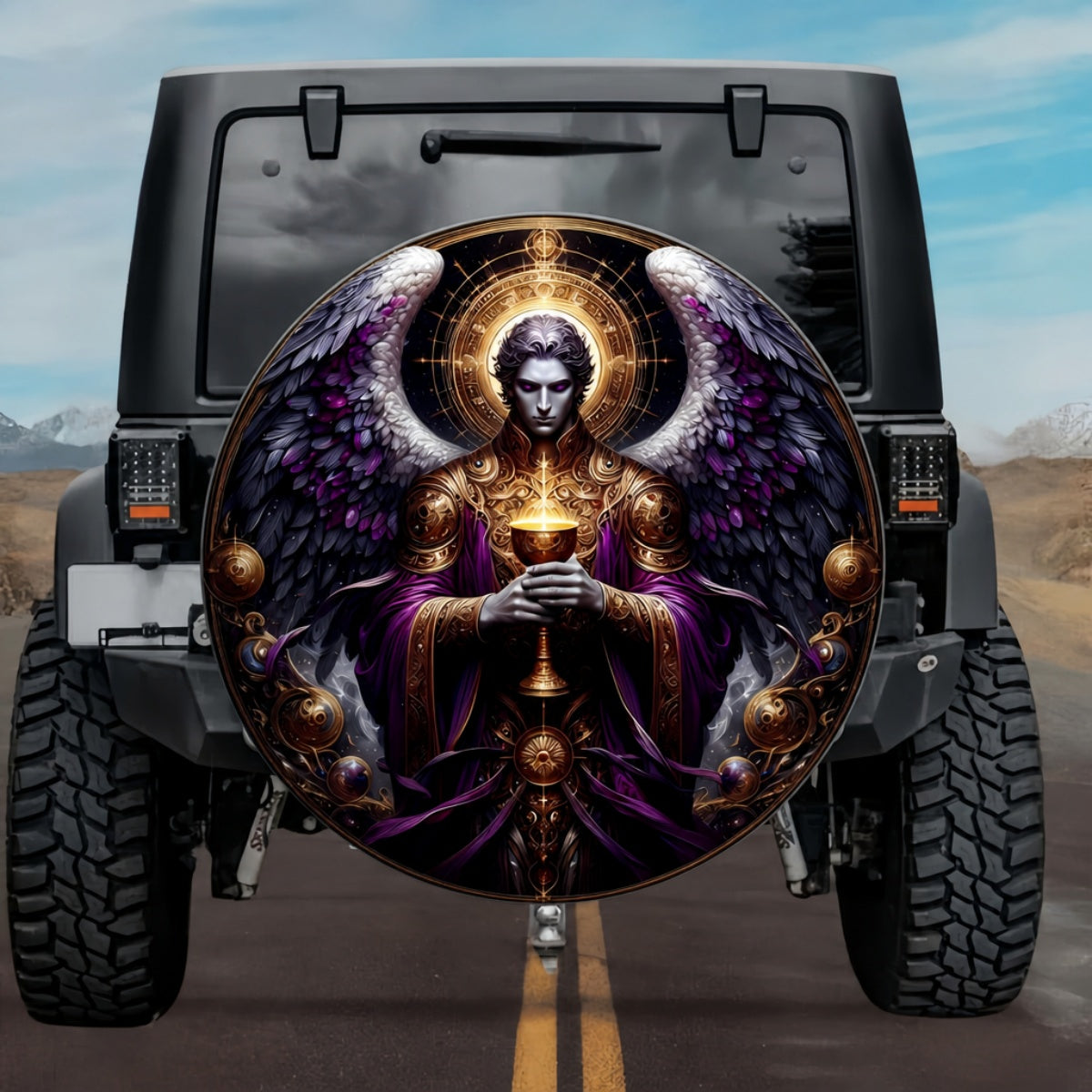 Tactical Celestial Zadkiel Archangel Glowing Chalice Purple Wings Spare Tire Cover