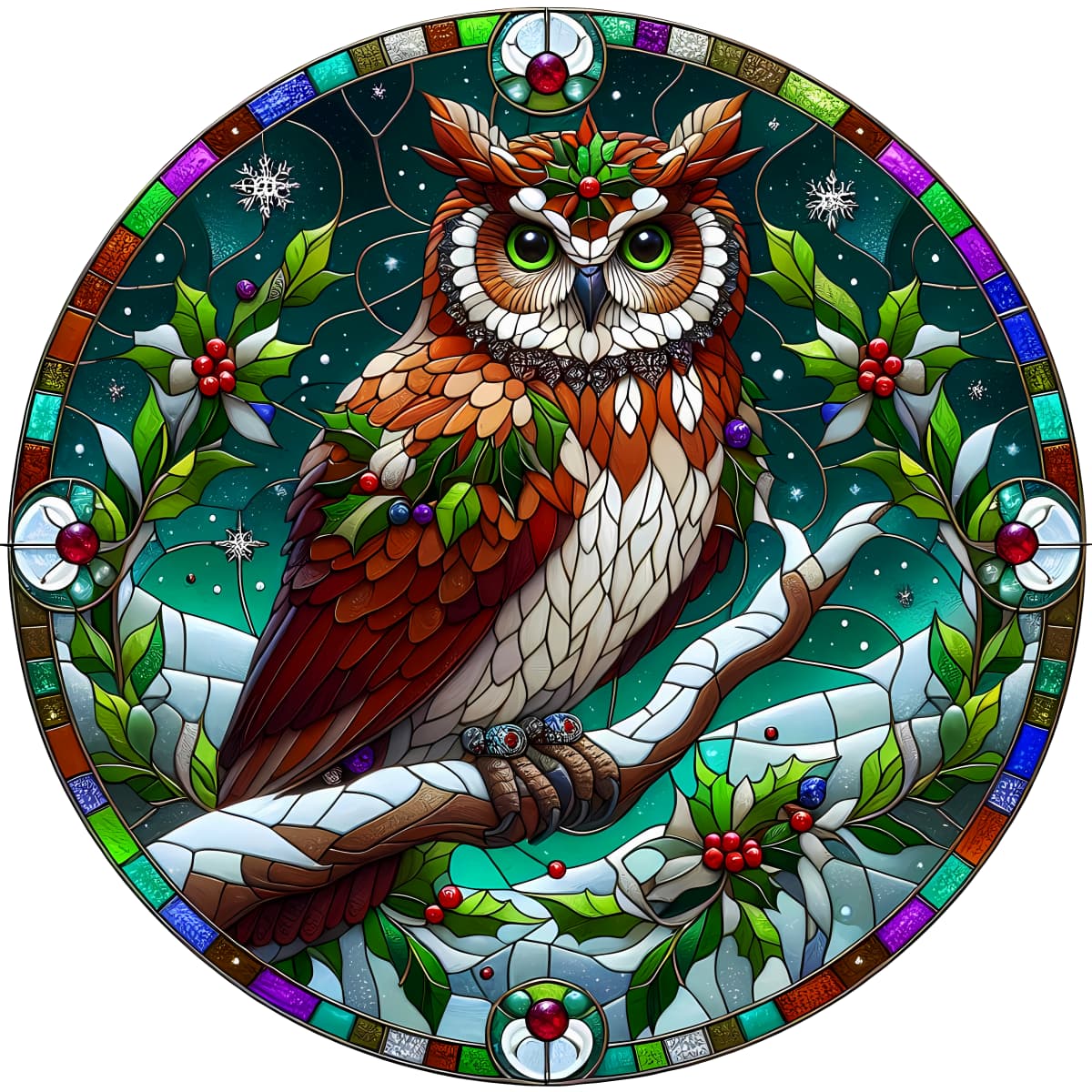 Stained Glass Winter Owl Spare Tire Cover - Jeep, Bronco, RV, Camper & More