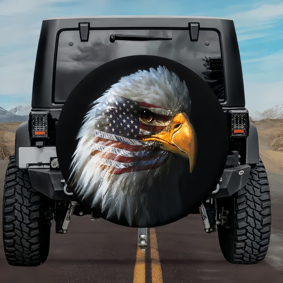 American Flag in the Eyes of a Bald Eagle Patriotic Spare Tire Cover Design