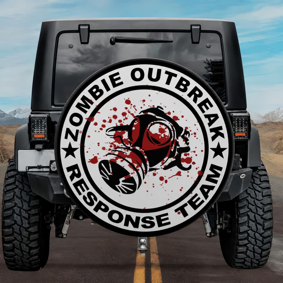 Zombie Outbreak Response Team Gas Mask With Blood Splatter Spare Tire Cover