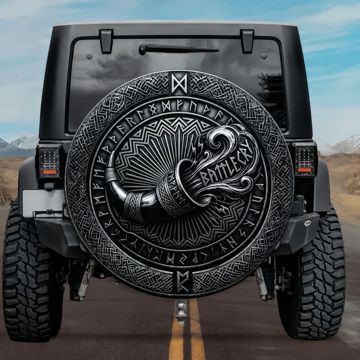 Tactical Viking Battle Horn Rune Shield Spare Tire Cover