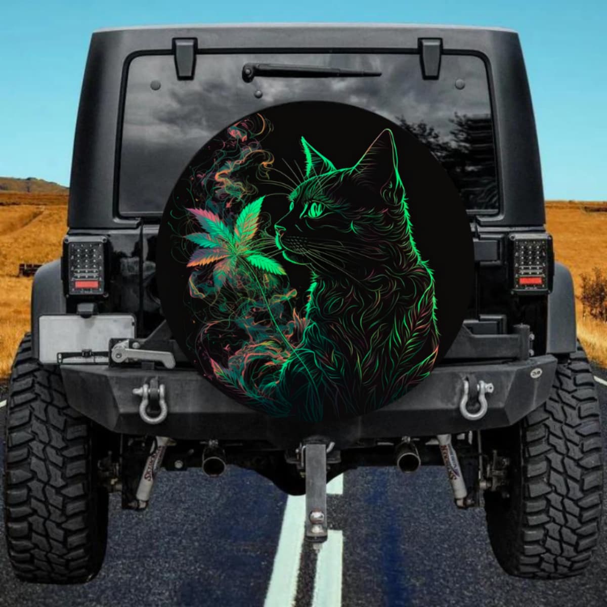 Glow-Style Cosmic Cat Spare Tire Cover with Smoke Leaf Art