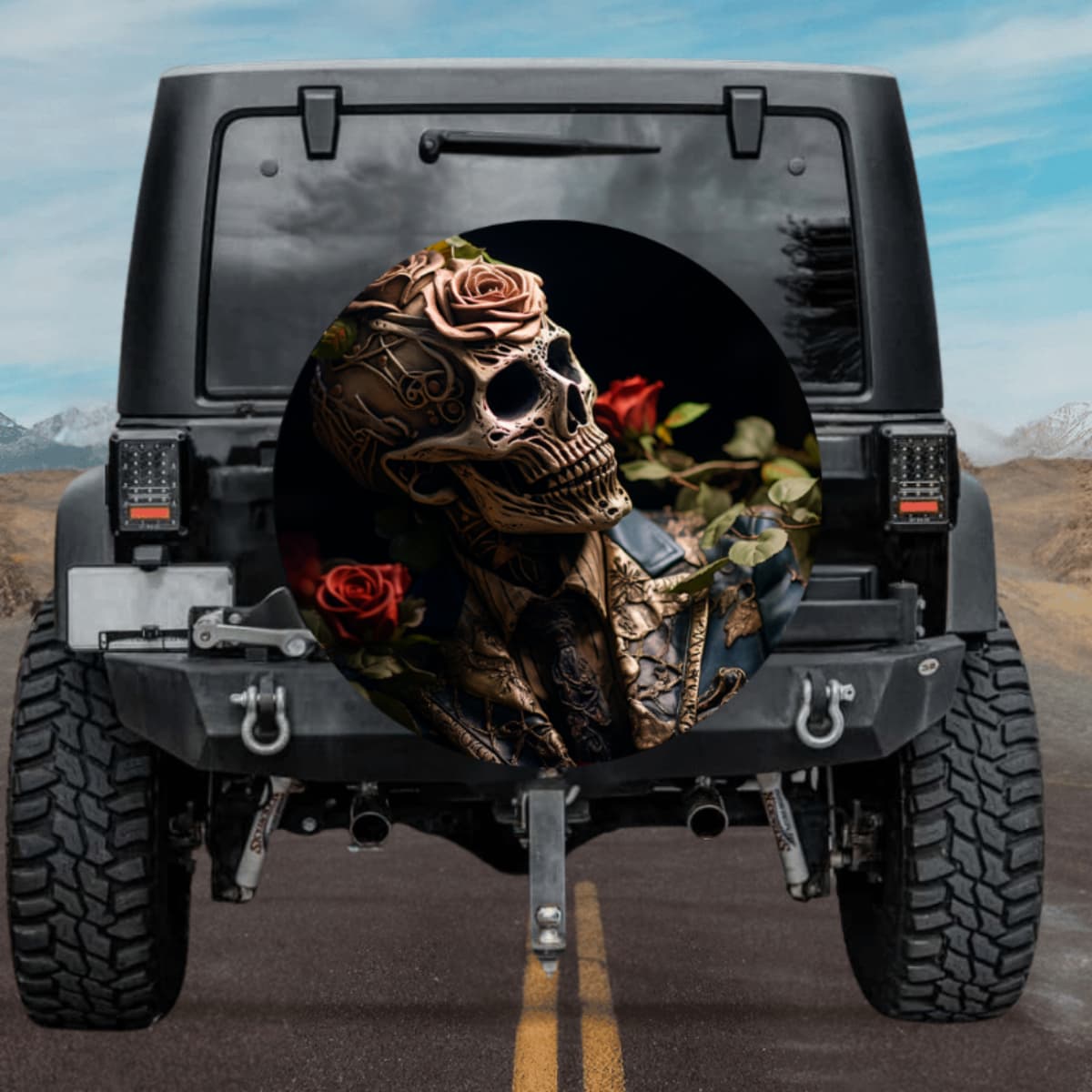 Gilded Rose Skull Spare Tire Cover