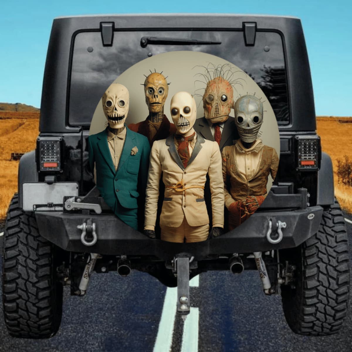 Surreal Masked Figures Spare Tire Cover - Horror Suit Art