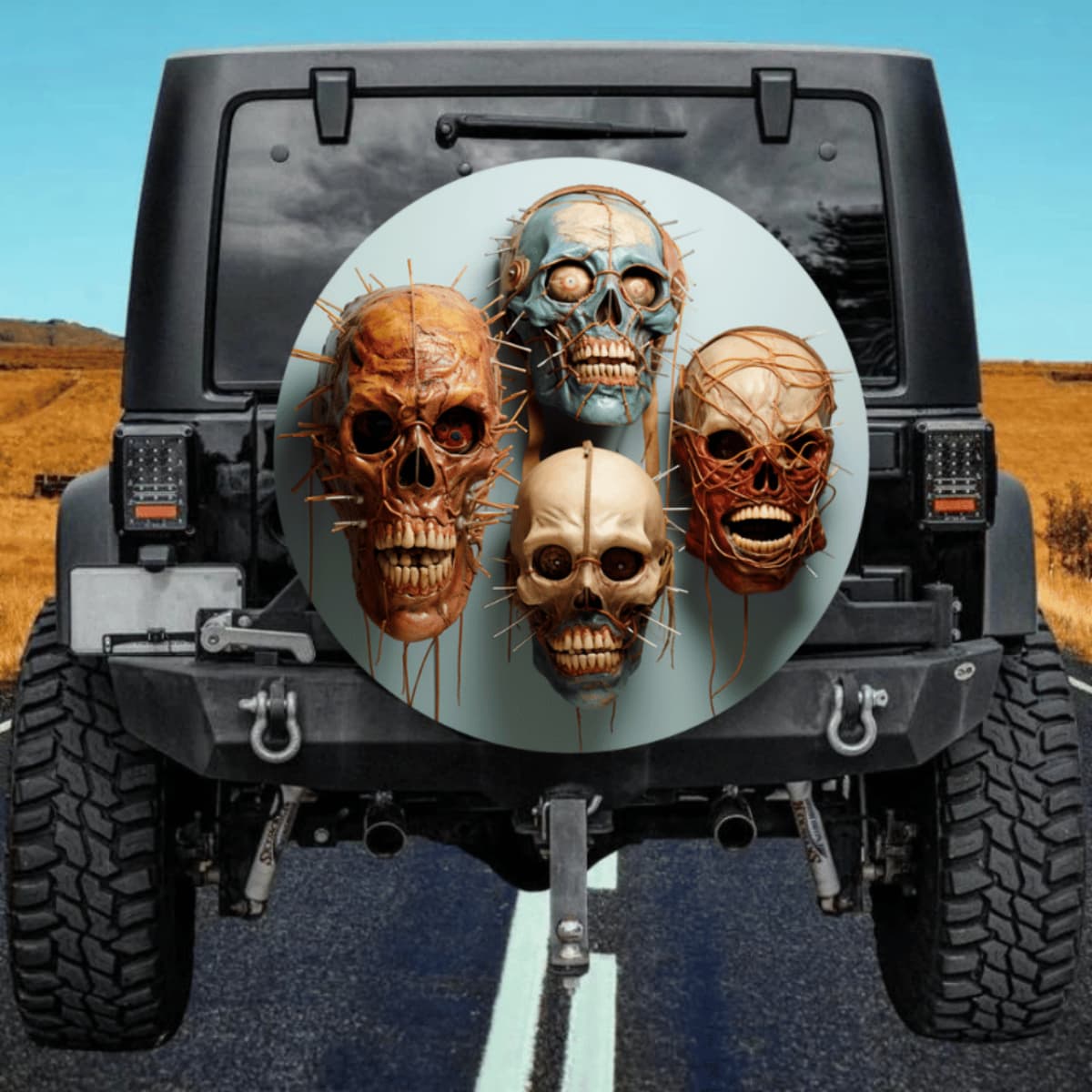 Realistic Scary Mutated Skull Spare Tire Cover - Horror Lab Art