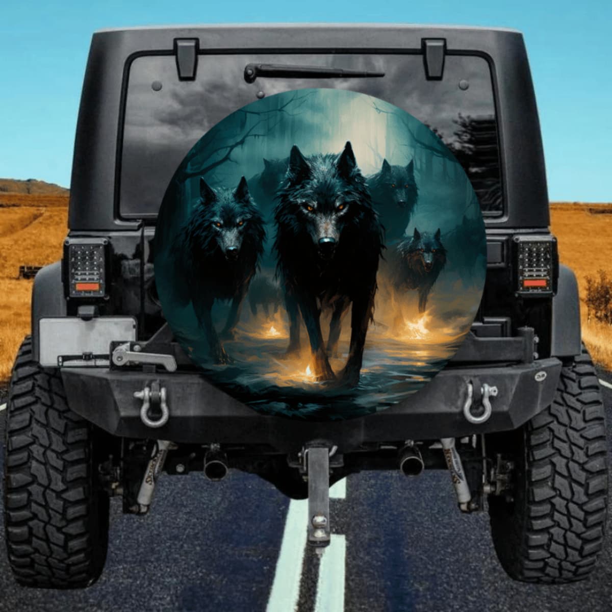 Black Wolf Pack Spare Tire Cover - Glowing Eyes Forest Art