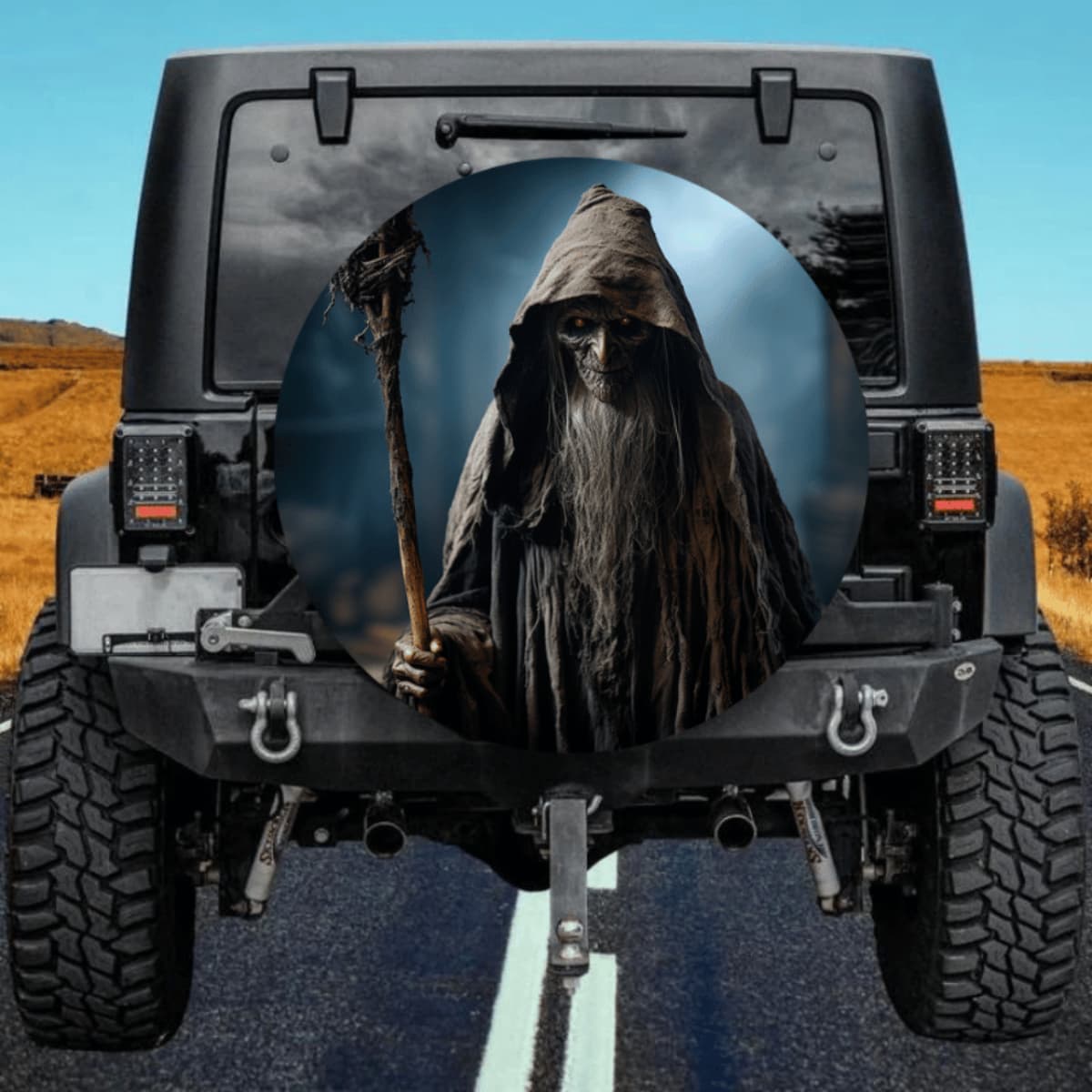 Scary Ancient Wizard Spare Tire Cover - Horror Fantasy Art