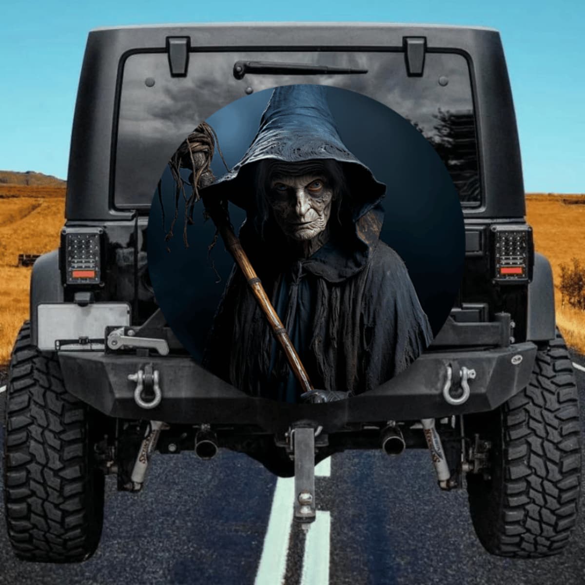 Scary Ancient Witch Spare Tire Cover - Realistic Horror Art