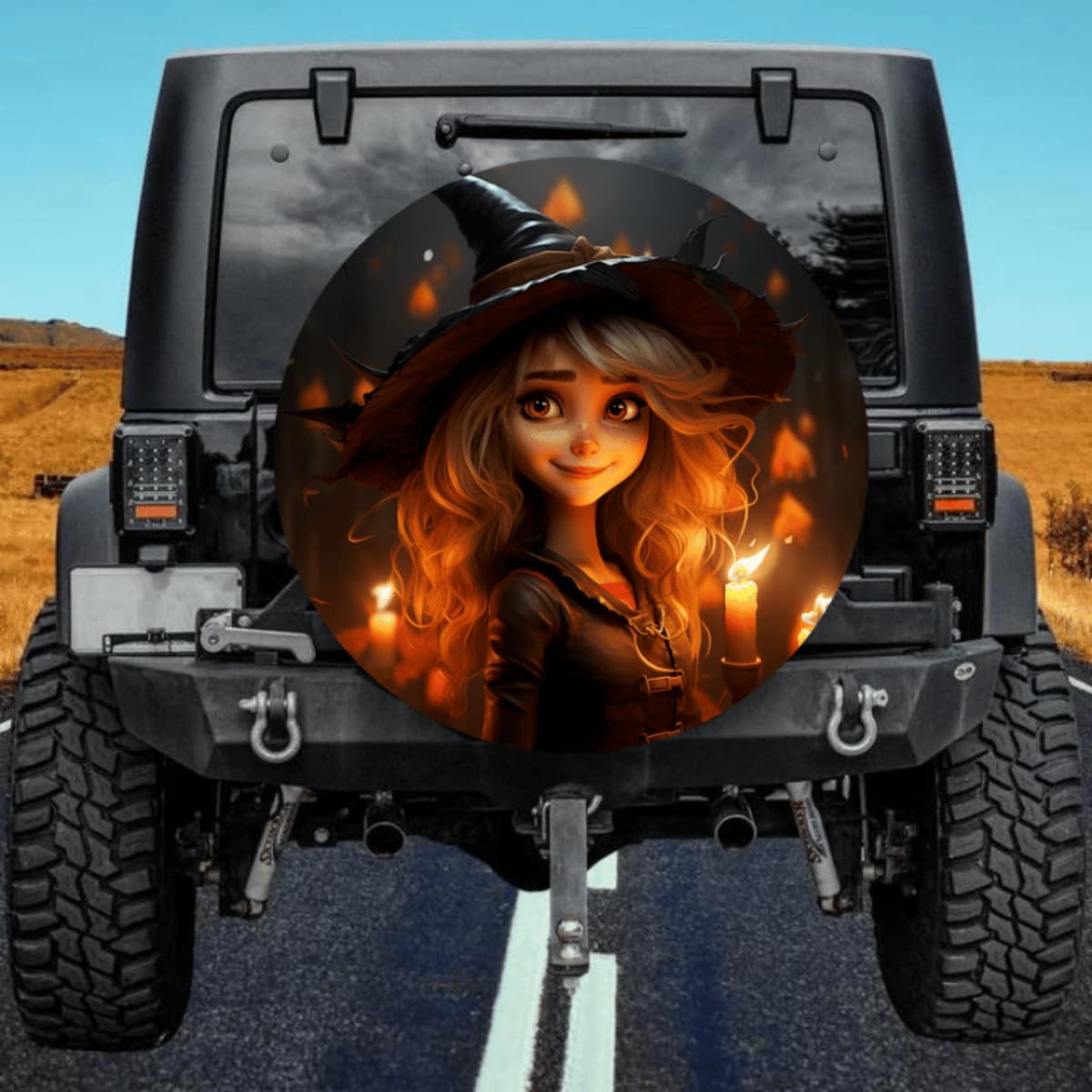 Cute Witch Spare Tire Cover - Cartoon Fantasy Art & Candles