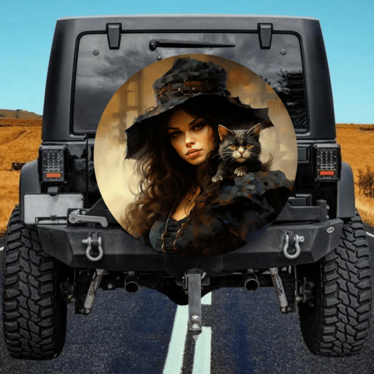 Witch with Black Cat Spare Tire Cover - Dark Fantasy Portrait Art