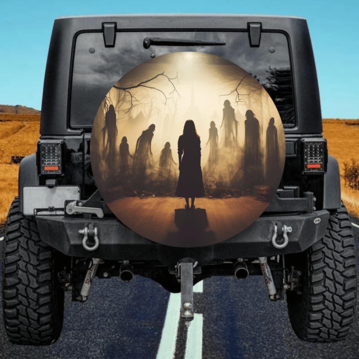 Ghost Silhouette Spare Tire Cover - Golden Mist Horror Art