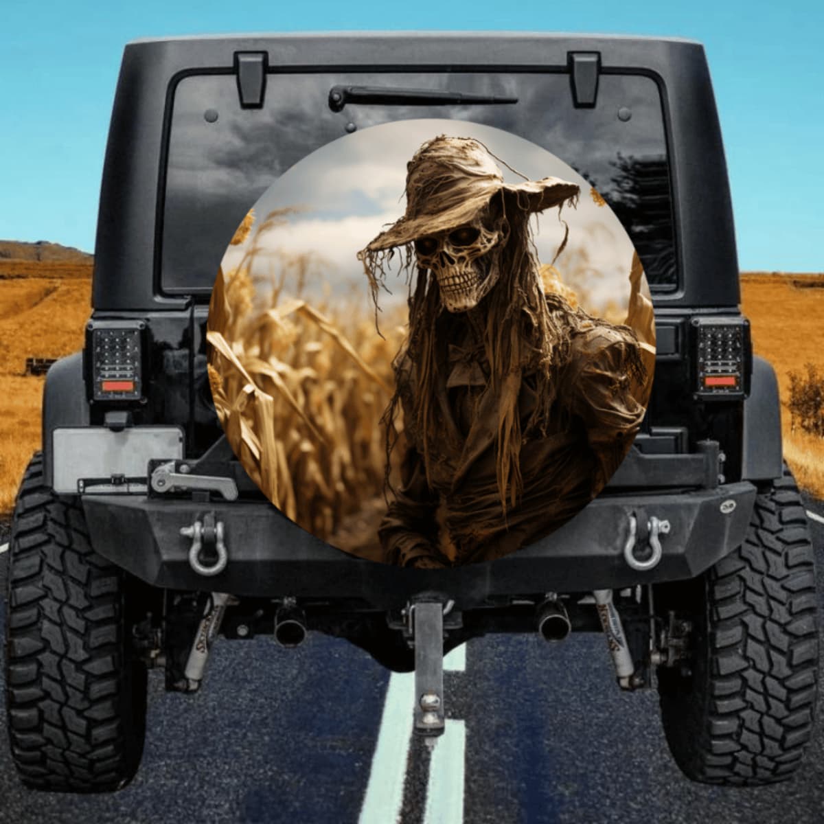 Realistic Scarecrow Skeleton Spare Tire Cover - Horror Farm Art